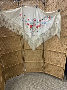 Cream Embroidered Floral Fringe Shawl - Multicolor Accents